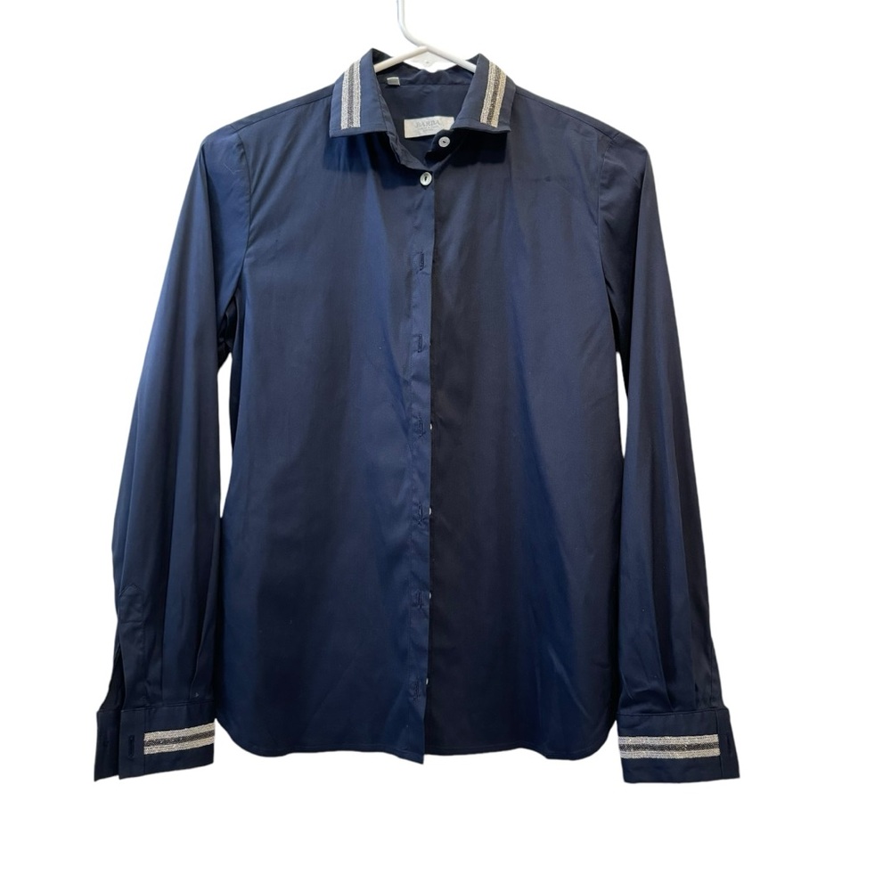 Barba Napoli Women’s Blue Button Down Shirt Striped Collar Cuffs Italy